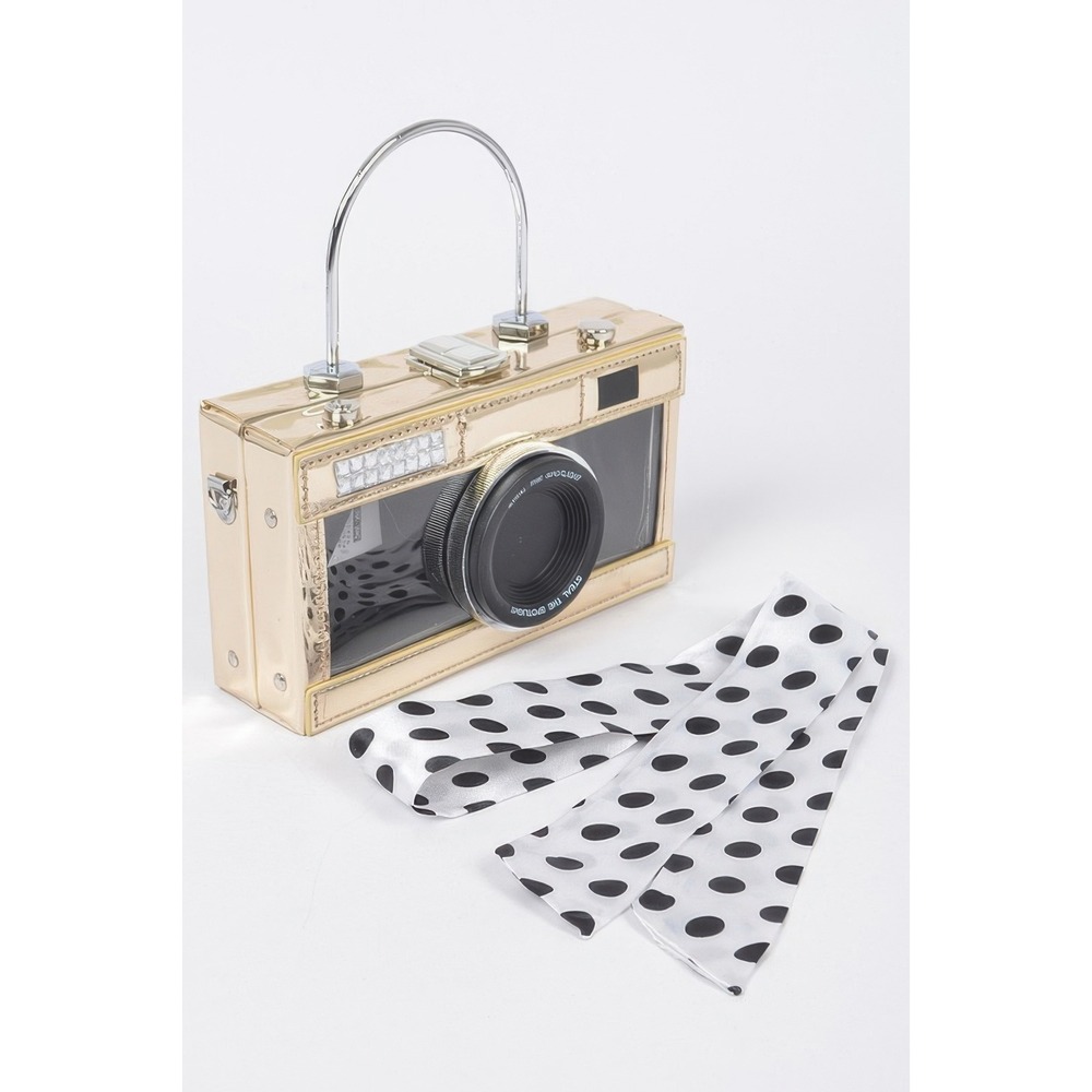 Gold Camera Novelty Box Clutch Crossbody Bag with Polka Dot Scarf Handle - Picture 2 of 5